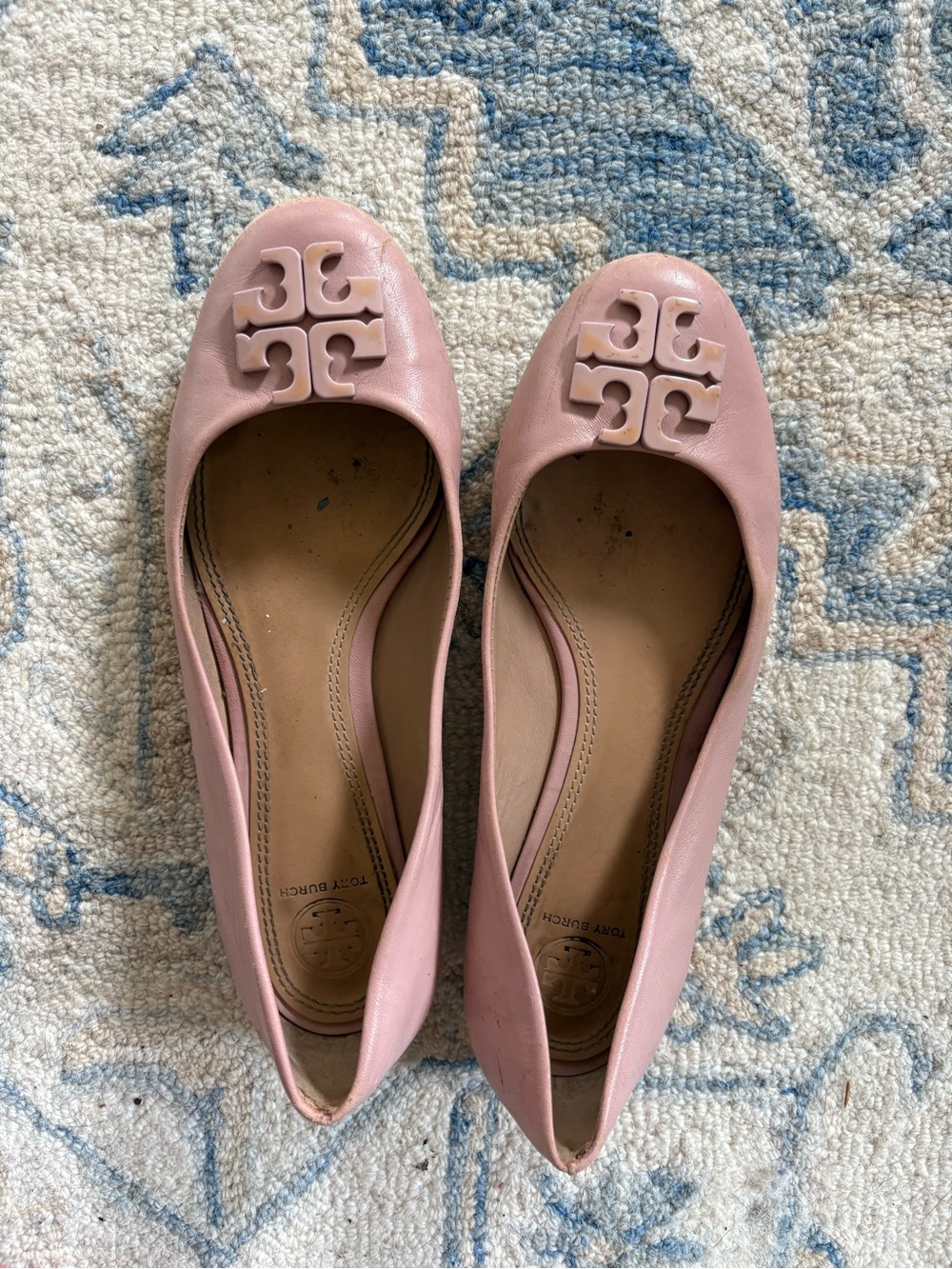 Tory Burch Blush Pink Leather Logo Ballet Flats